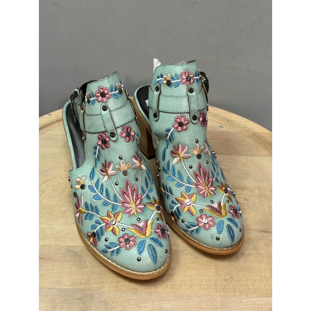 Tinstree Mint Green Floral Embroidered Studded Slingback Block Heel‎ Booties 8